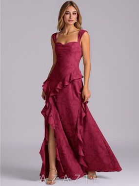 Azazie Sloane Floral Burnout Women's Burgundy Ruffled Evening Gown